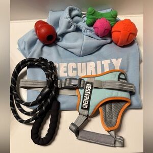 Dog Bundle Harness with Harts squeak Toys, Blue Hoody 3xl and Kong feeder toy.